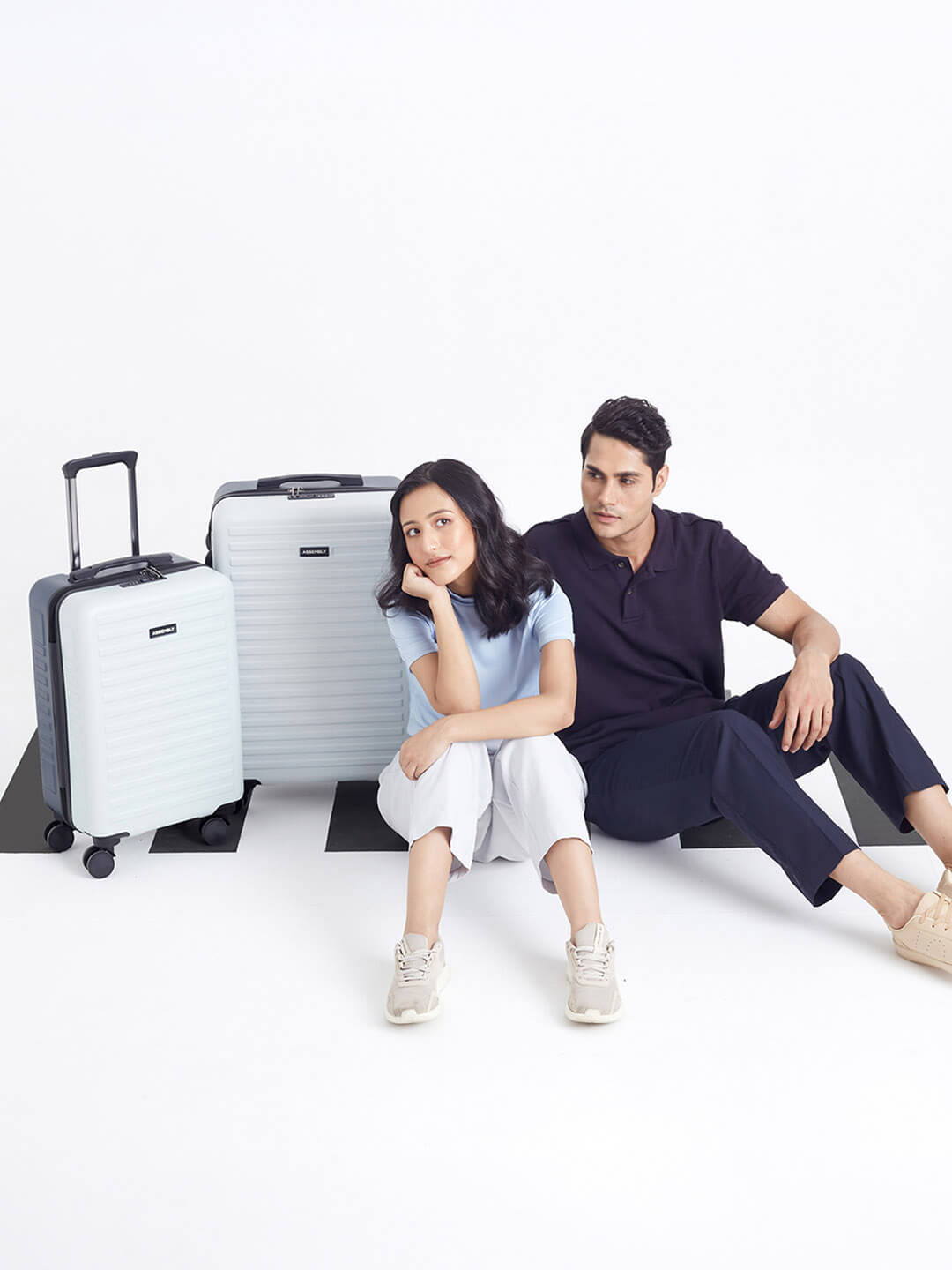 Two Tone Combo | White-Blue | Cabin+Medium Hard Luggage